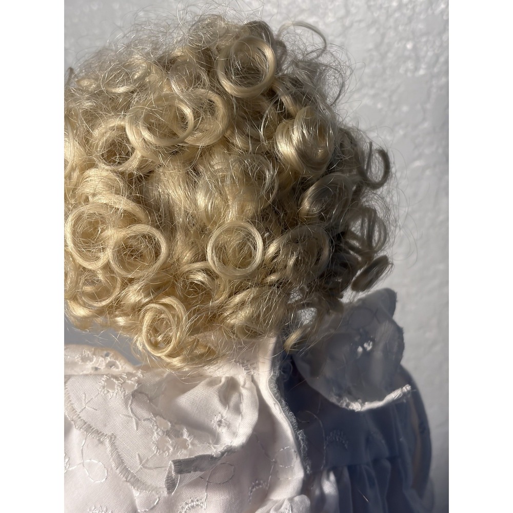 Curly Blonde Hair Porcelain Doll 16" Blue Eyes All White Gown - Picture 7 of 13
